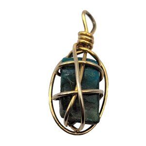 Vintage 1960s Teal Apatite Stone Pendant Gold Tone Wire Wrapped 2.5" from UK VGC